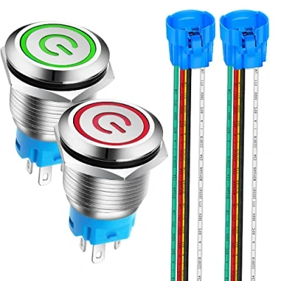 Abbildung von Gebildet 2Stücke 19mm Edelstahl Latching Drucktastenschalter 12V 24V 5A Power Symbol LED 1NO1NC SPDT ON Off Wasserdichter Nicht Momentan Kippschalter mit Steckdose Stecker (Rot + Grün LED)
