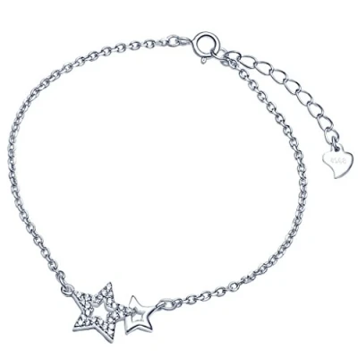 Abbildung von Yumilok Doppel Sterne Herz 925 Sterling Silber Zirkonia Charm Armband Armkette Gliederarmband für Damen Frauen Mädchen, 6.5 7.5&quot; Verstellbar