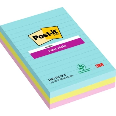 Abbildung von Post it Super Sticky Notes im Großformat, Cosmic Collection, Liniert 3 Blöcke, 90 Blatt pro Block, 101mm x 152 mm Selbstklebende Notizzettel für Notizen, To Do Listen und Erinnerungen