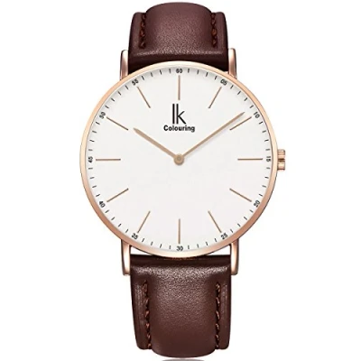 Abbildung von Alienwork IK Armbanduhr Herren Damen Roségold Lederarmband Braun Weiss Ultra flach
