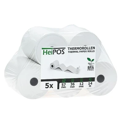 Abbildung von HeiGroup HeiPOS 5x Thermorollen BPA frei (B/Ø) 57mm / 36mm Länge 14m, Kern Ø 12mm, Flächengewicht 52 g/m2, Dicke 60 µm, 10 Jahre Haltbarkeit