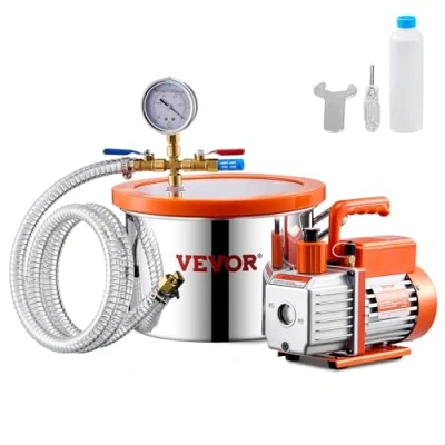 Abbildung von VEVOR 5,68 L Vakuumkammer und 3,5 CFM Pumpe, Edelstahlkammer, 1 stufiges Vakuumpumpen Entgasungskammerset, mit Acryldeckel, Öl, 1,5 m Schlauch, Vacuum Pump Kit zum Entgasen von Harz Silikon Epoxiden
