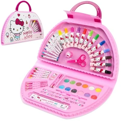 Abbildung von Hello Kitty Malkasten Kinder mit Wasserfarben, Buntstifte, Wachsmalstifte &amp; Bastel Sachen Geschenke für Mädchen (Weiß/Rosa)