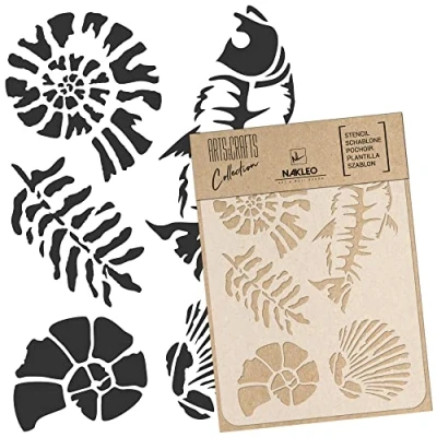 Abbildung von NAKLEO DIY Wiederverwendbare Kunststoff Schablone 30x42cm Jurassischer Ammonit Fossilien Kunst Handwerk Wand Malerei Muster Vorlage Scrapbooking Decoupage Stoff Möbel Holz