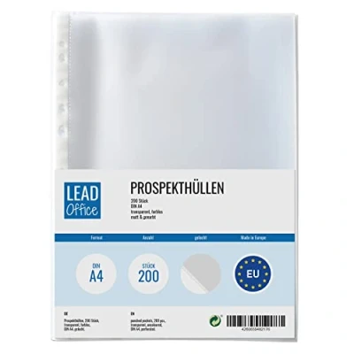 Abbildung von 200 Prospekthüllen transparent DIN A4, Prospekt Hüllen genarbt, farblose Klarsicht Folien zum Schutz von Papier &amp; Dokumente, Sichthüllen für A4 Ordner