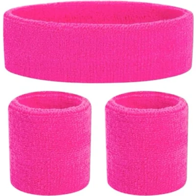 Abbildung von Kostümheld® 3 in 1 Schweißband pink Set mit Stirnband als Accessoire Vokuhila Kostüm zu Retro neon 80er 90er Outfit Fasching &amp; Karneval