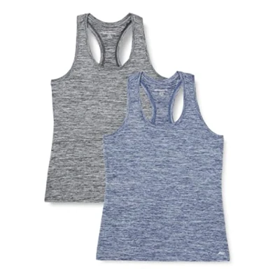 Abbildung von Amazon Essentials Damen Tech Stretch Racerback Tanktop (Erhältlich In Übergröße), 2er Pack, Schwarz Heide/Marineblau Heidekraut, L