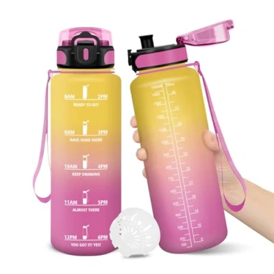 Abbildung von Trinkflasche, 1500ML BPA Frei, Wasserflasche, Auslaufsicheres Schlossdesign, Trinkflaschen, Mit Zeitstempel, Trinkflasche Kinder Auslaufsicher für Yoga, Sport, Camping Wasserflasche GelbPink
