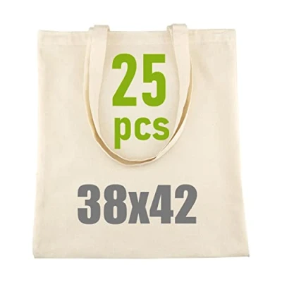 Abbildung von IDEA HOME 25 Stück Baumwolltasche 38x42cm Jutebeutel Groß Stoffbeutel Unbedruckt, Personalisierung Möglich Bestickung oder Bemalung Stofftasche mit zwei langen Henkeln Ökotex 100 Zertifiziert