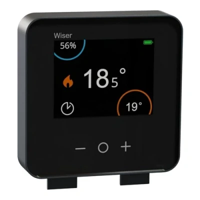 Abbildung von Schneider Electric CCTFR6401 Wiser Smart Home Raumthermostat zur Steuerung smarter Heizkörperthermostat mit Touch Display kostenloser App Funktion, Energie sparend, schwarz