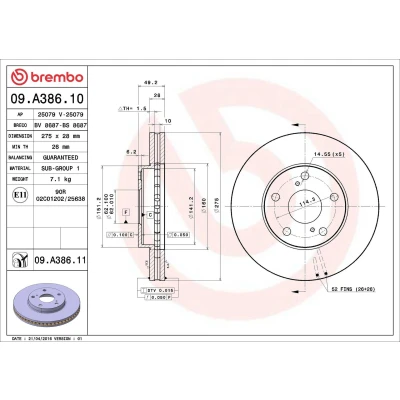 Abbildung von BREMBO COATED DISC LINE 09.A386.11 Bremsscheibe 275 28 5 innenbelüftet beschichtet TOYOTA: Avensis Verso, Previa / Estima II, Camry IV Saloon