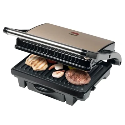 Abbildung von Bestron elektrischer Kontaktgrill mit Auffangschale, Sandwichmaker Cool Touch Handgriff &amp; Antihaftbeschichtung, Paninimaker 1000 Watt, ASW113SAT, Farbe: Hellbeige