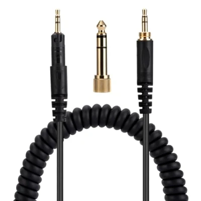 Abbildung von ATH M40X M50X M70X Ersatz Audiokabel, kompatibel mit Audio Technica Kopfhörern, 3,5 mm (6,35 mm) auf 2,5 Stereo Klinkenstecker, Spiralkabel, 1,4 Meter, Schwarz