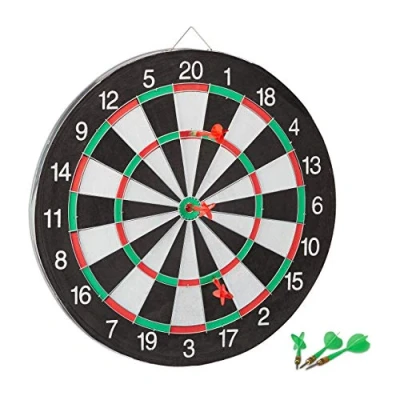 Abbildung von Relaxdays Dartscheibe X2 mit Pfeilen, 43 cm, 6 x Pfeile, zweiseitig, Steeldarts, Dartboard klassisch, schwarz weiß