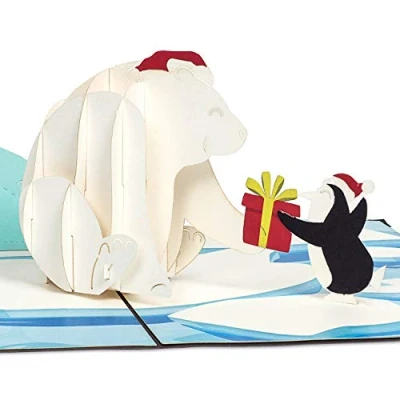 Abbildung von papercrush® Pop Up Karte Weihnachten „Eisbär &amp; Pinguin“ Lustige 3D Weihnachtskarte für Kinder, Frau oder Mann Handgemachte Popup Weihnachtsgrußkarte Frauen und Männer, Mädchen Jungen