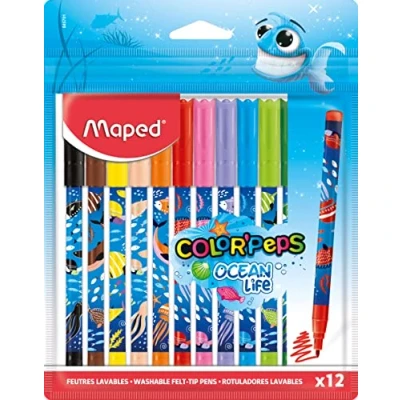 Abbildung von Maped Filzstifte OCEAN LIFE 12 Stück 2 mm mittlere Spitze perfekt zum Zeichnen und Malen resistente (nicht blockiert) kräftige Farben wiederverwendbare Kunststoff Tasche