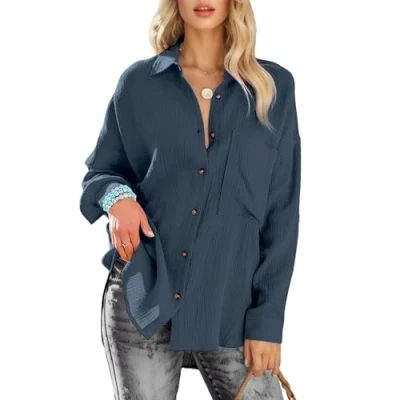 Abbildung von TAN.TOMI Bluse Damen Lässiges Elegant V Ausschnitt Hemd Bluse,Casual Business Oberteile mit Knöpfen Tops Langarmshirt(Grau Blau)