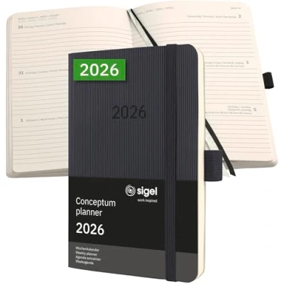 Abbildung von SIGEL C2623 Wochenplaner Wochenkalender 2026, ca. A6, schwarz, Softcover, 176 Seiten, Gummiband, Stiftschlaufe, Archivtasche, aus nachhaltigem Papier, Kalenderbuch Conceptum