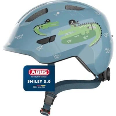 Abbildung von ABUS Kinderhelm Smiley 3.0 Fahrradhelm mit tiefer Passform, kindergerechten Designs &amp; Platz für einen Zopf Mädchen und Jungs Blau Wal Muster, Größe S