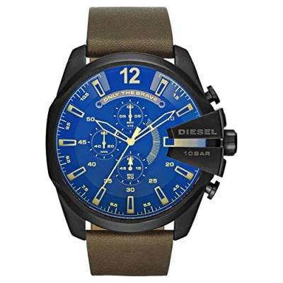 Abbildung von Diesel Herrenuhr Mega Chief, QuarzChronographenwerk, 51 mm, schwarzes Edelstahlgehäuse mit Lederarmband, DZ4401, Blau