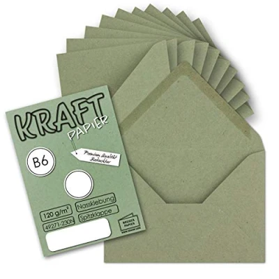 Abbildung von 25x Vintage Briefumschläge in dunkelgrün (grün) DIN B6 125 x 178 mm Kraftpapier 120 g/m² Recycling Nassklebung Spitzklappe UmWelt by GUSTAV NEUSER