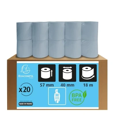 Abbildung von Exacompta 40951E 20er Pack Recycling Thermorollen SafeContact Breite: 57mm, Länge 18m, Durchmesser Kern 12mm, 52g/m² Hitze , Licht und Feuchtigkeitsbeständig blaugrau Kartenzahlung (EC Cash Geräte)