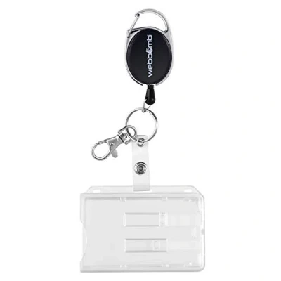 Abbildung von WEBBOMB® Ausweishülle mit Ausweishalter ausziehbar für 1 2 Karten Kartenhülle horizontal Kartenhalter transparent Skipasshalter reißfeste 70cm JoJo Schnur Clip und Karabinerhaken (Schwarz)
