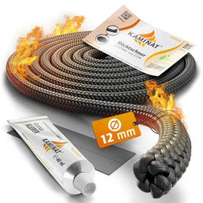 Abbildung von KAMINAT Ofen Dichtschnur 2,5m für Kaminofen Feuerfestes Kamin Dichtband &amp; Ofenrohr Dichtung Hochwertige Dichtungsschnur inkl. Kleber Ø 12mm Breite