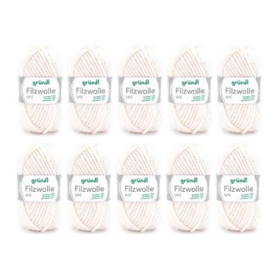 Abbildung von Gründl Filzwolle uni (Wolle zum Filzen, Stricken und Häkeln, Garn aus 100 % Schurwolle, 50 g / m, Nadelstärke: 8 9, 10 x g), Creme, 31 32 7.5 cm