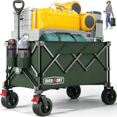 Abbildung von Overmont Faltbar Bollerwagen Klappbar Handwagen mit Geländegängige Breite Räder bis 150 kg Tragkraft für Camping Sport Einkaufen Garten Grün