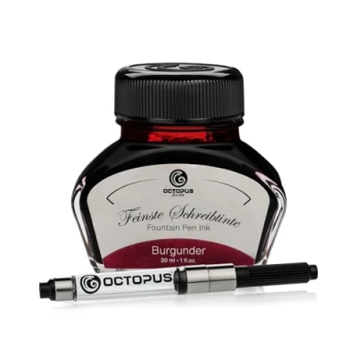 Abbildung von Octopus Fluids Füllhaltertinte im Tintenglas inklusive Konverter, Schreibtinte für Füllhalter, Füllertinte in Burgunder 30ml mit Tintenkonverter