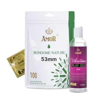 Abbildung von AMOR Premium Kondom und Gleitgel Set 100 Kondome Nature Ø 53 mm + Vibratissimo Play Gel med 250 ml