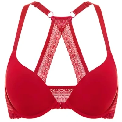 Abbildung von DOBREVA Damen Vorderverschluss Push Up BH mit Bügel Soft T Shirt Tiefen Ausschnitt BHS Neckholder Gepolsterter Lippenstift Rot 85B