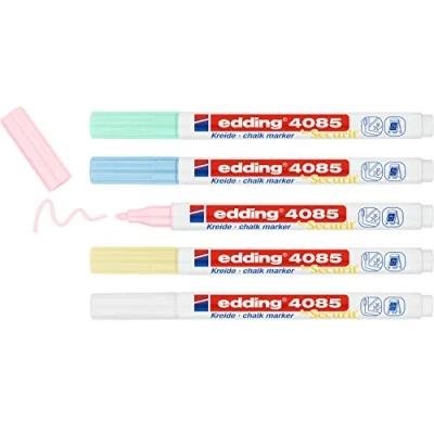 Abbildung von edding 4085 Kreidemarker gelb, grün, rosa, blau, weiß (pastell) 5 Kreidestifte Rundspitze 1 2mm Kreidestift für Tafel abwischbar von Fenster, Glas Tafelstifte mit deckenden Farben