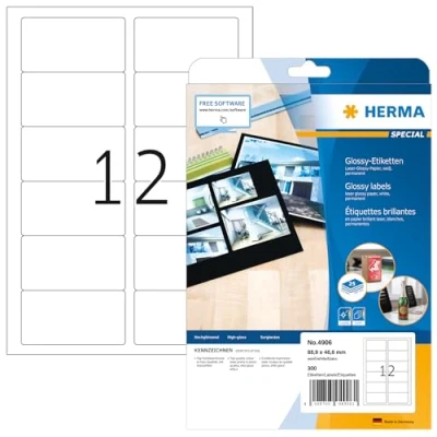 Abbildung von HERMA 4906 Hochglanz Etiketten, 25 Blatt, 88,9 x 46,6 mm, 12 pro A4 Bogen, 300 Stück, selbstklebend, bedruckbar, glänzend, blanko Glossy Papier Klebeetiketten Aufkleber, weiß