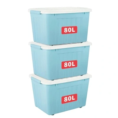 Abbildung von Cetomo 80L*3 Aufbewahrungsboxen mit Deckeln, Kunststoff Aufbewahrungsbox Rollen und Clips, Kunststoffbox für Zuhause Büro, BPA frei, Nestbar, Stapelbar, Blau, 80L 3er Pack