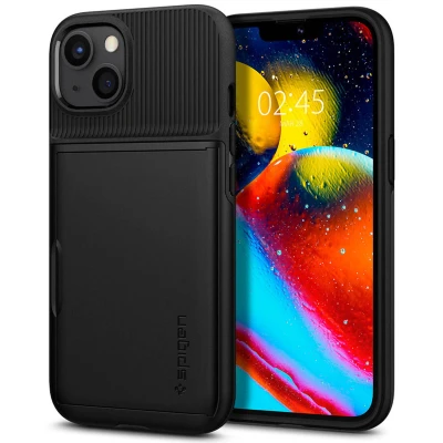 Abbildung von Apple iPhone 13 Hülle Kunststoff Spigen Hard Case/Backcover Handyhülle Schwarz Shockproof/Stoßfest