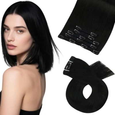 Abbildung von Moresoo Clip in Extensions Echthaar Schwarz Doppelt Tressen Glatt Dick Haare Pechschwarz #1 Remy Haarverlängerung Voller Kopf 5 70g 35 cm