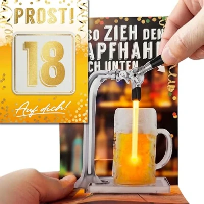 Abbildung von bentino 3D PopUp Geburtstagskarte zum Bierzapfen, spektakulärer Effekt mit beweglichem Zapfhahn, Karte 18. Geburtstag