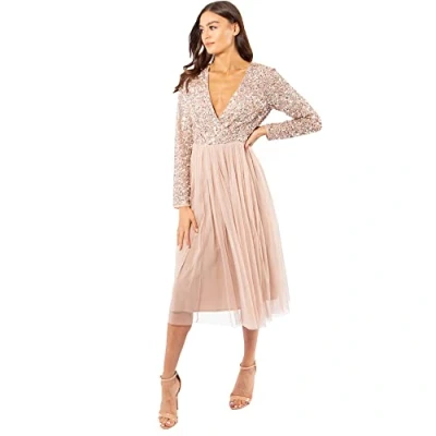 Abbildung von Maya Deluxe Damen Dames Wedding Guest Midi Jurk met lange mouwen en V hals Brautjungfernkleid, Taupe Blush,50 EU( UK 22)