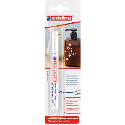 Abbildung von edding 751 Glanzlackmarker weiß Packung mit 1 Lackmarker Rundspitze 2 mm Lackstift für Glas, Stein, Holz, Kunststoff und Papier wasserfest, stark deckend