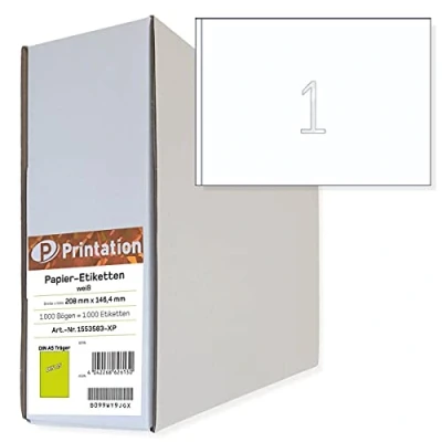 Abbildung von Printation Versand Etiketten A5 210 x 148 mm 1000 DHL selbstklebend 210x148 auf DIN Bogen 1x1 Bigpack Haftetiketten/Klebeetiketten Paketaufkleber Adressetiketten