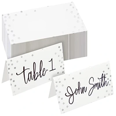 Abbildung von Best Paper Greetings Tischkarten (100 Stück) Kleine Zeltkarten mit Silberfolien Punkten Faltbare Tisch Platzkarten Für Hochzeiten, Bankette, Events, Gefaltet 5 x 9 cm
