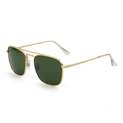 Abbildung von JIM HALO Retro Platz Flieger Sonnenbrille Premium Glas Linse Flach Metall Gläser Damen Herren(Gold/Grün)
