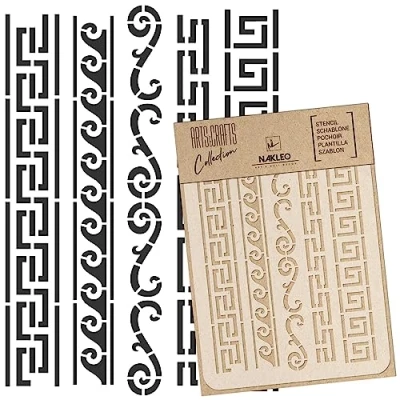 Abbildung von NAKLEO Malschablone für Handwerk A4 21x30cm, Griechische Ornamente Geometrisch Muster, Wiederverwendbare Kunststoff DIY &amp; Scrapbooking Zeichenschablone, Decoupage Kunst Vorlage, Stoff Möbel Holz