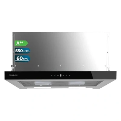 Abbildung von Cecotec Teleskop Dunstabzugshaube, 60 cm Flux TLT 605500 Glass Black A++. Motor 70W, Niedriger Energieverbrauch, Front aus weißem Glas, Absaugung 550m3/h, Touch und Gestensteuerung, Aktivkohlefilter.