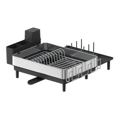 Abbildung von SONGMICS Abtropfgestell, Geschirr Abtropfständer Edelstahl, ausziehbar, drehbarer Auslauf, mit Haltern für Besteck, Tassen, Gläser, Schneidebrett und Pfannen, silbern schwarz KCS037B01