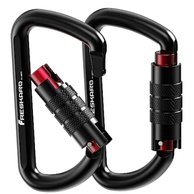 Abbildung von FresKaro Karabiner Schwarz, mit Drehsicherung, 12kN 1224kg Twist Lock, Aluminium, Ultraleicht Belastbar, Autolock, Schnellverschluss Karabina für Hängematte, Schlüssel, Hundeleine, 2 Stück