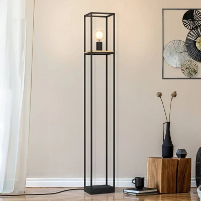 Abbildung von EGLO Stehlampe Libertad, 1 flammige Stehleuchte, Standleuchte aus Metall in Schwarz und Holz Natur, Wohnzimmerlampe, Lampe mit Tritt Schalter, E27 Fassung