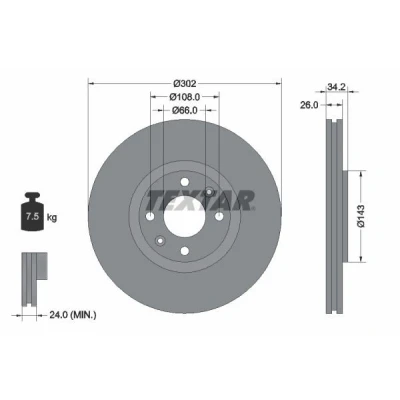 Abbildung von TEXTAR PRO 92168503 Bremsscheibe 302 26 04/06 108 innenbelüftet beschichtet ohne Radbefestigungsbolzen, Radnabe PEUGEOT: 308 I SW, 5008